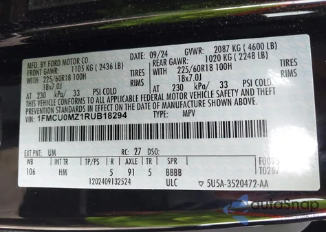 2024 Ford Escape St-Line z USA, uszkodzony, nr VIN 1FMCU0MZ1RUB18294